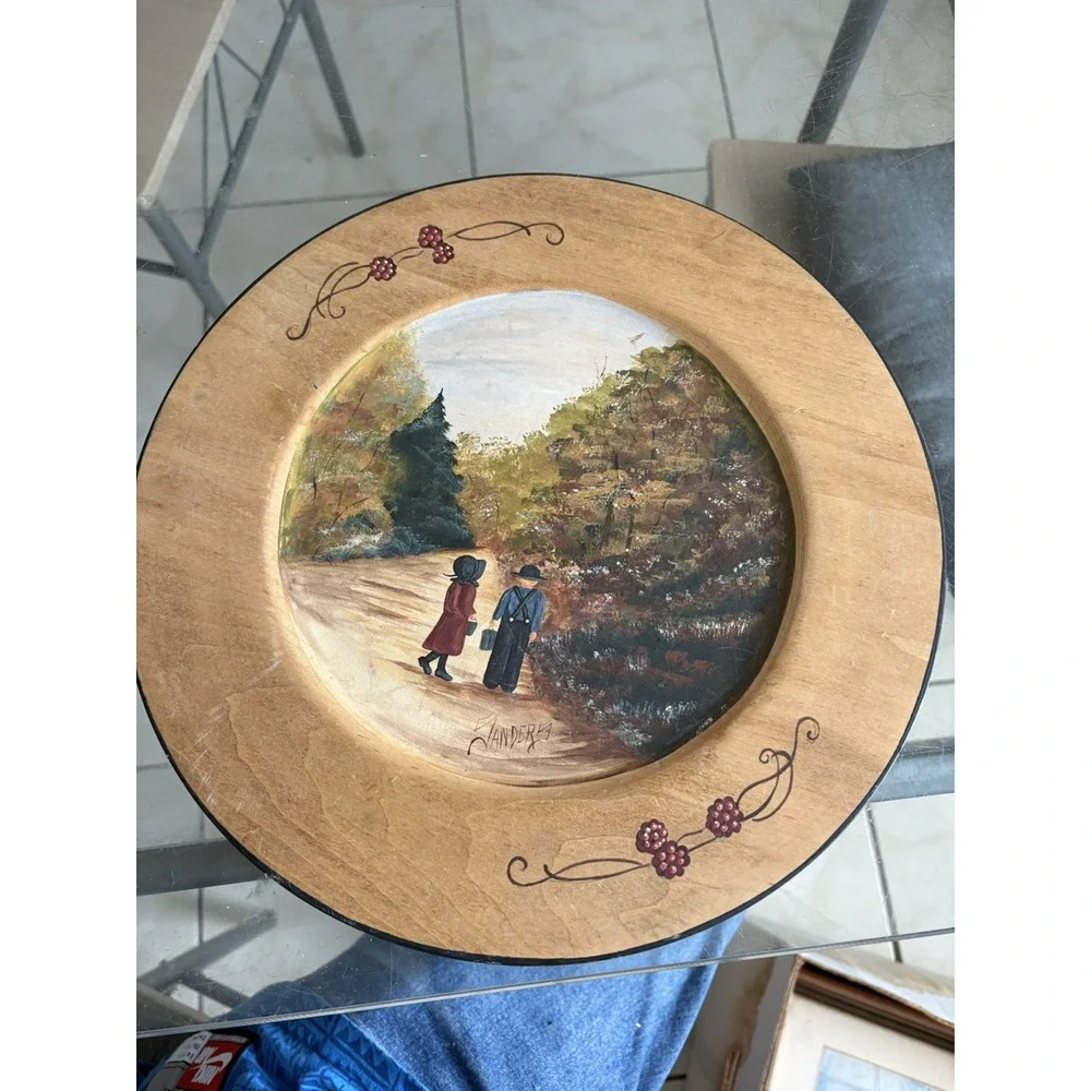 VTG Hand Painted Wooden Plate Amish Children Autumn Fall Scene Signed Sanders 94